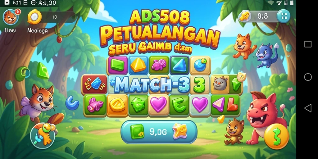 Tangkapan layar utama menunjukkan gameplay Match-3 yang seru.