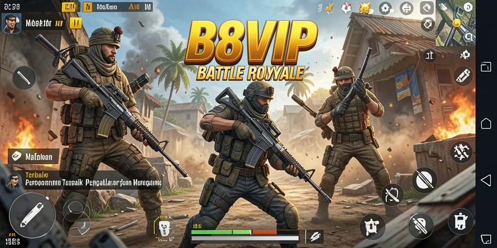 Screenshot gameplay B8VIP menampilkan aksi intens dalam pertarungan Battle Royale.