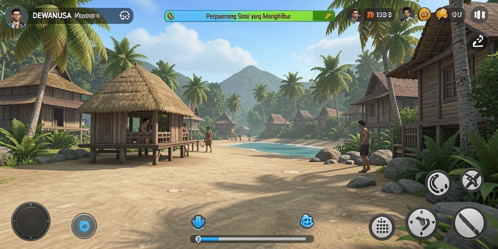 Screenshot gameplay DEWANUSA yang ceria dan penuh warna.