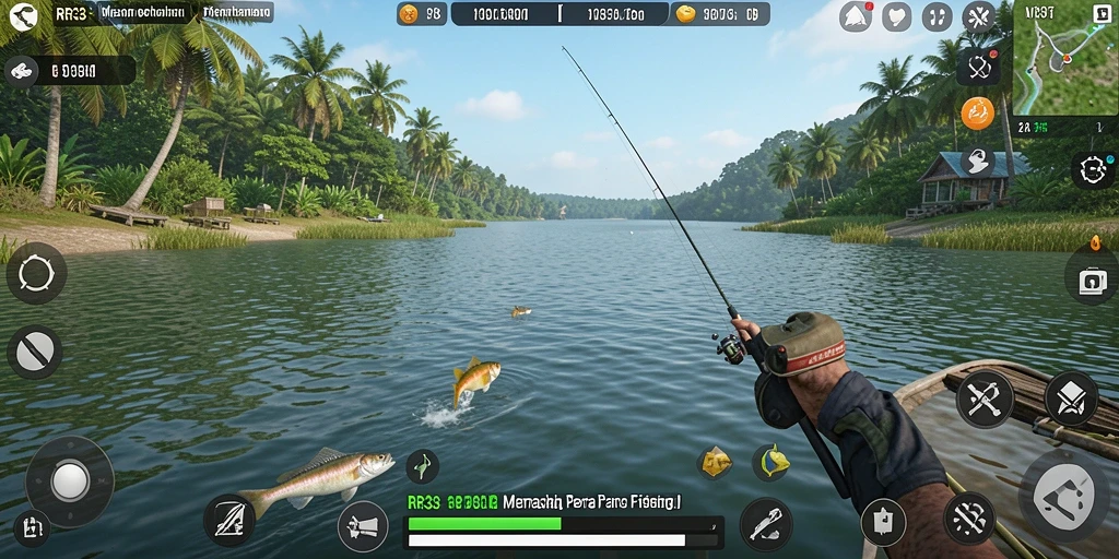 Screenshot utama RR33 menampilkan aksi memancing yang mendebarkan dengan ikan yang beragam.