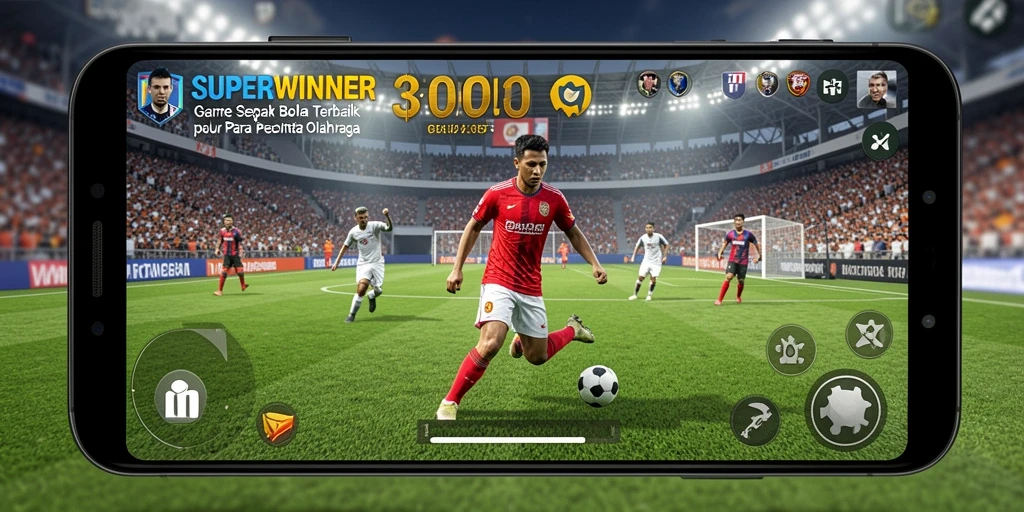 Tampilan gameplay SUPERWINNER dengan aksi sepak bola yang mendebarkan.