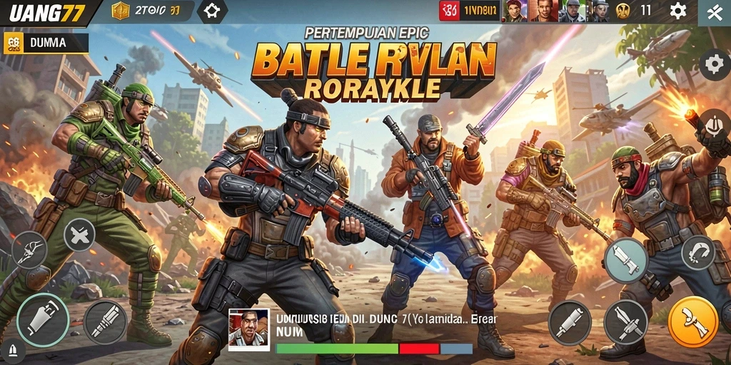 Tangkapan layar utama menampilkan aksi mendebarkan dalam UANG77 Battle Royale.