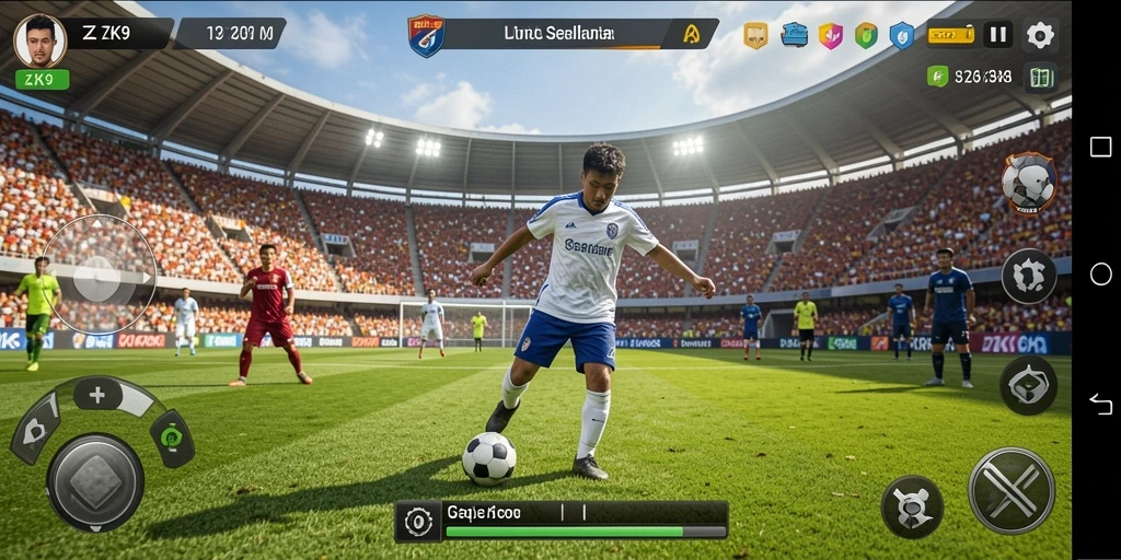Screenshot ZK9 menampilkan aksi intens di lapangan sepak bola.